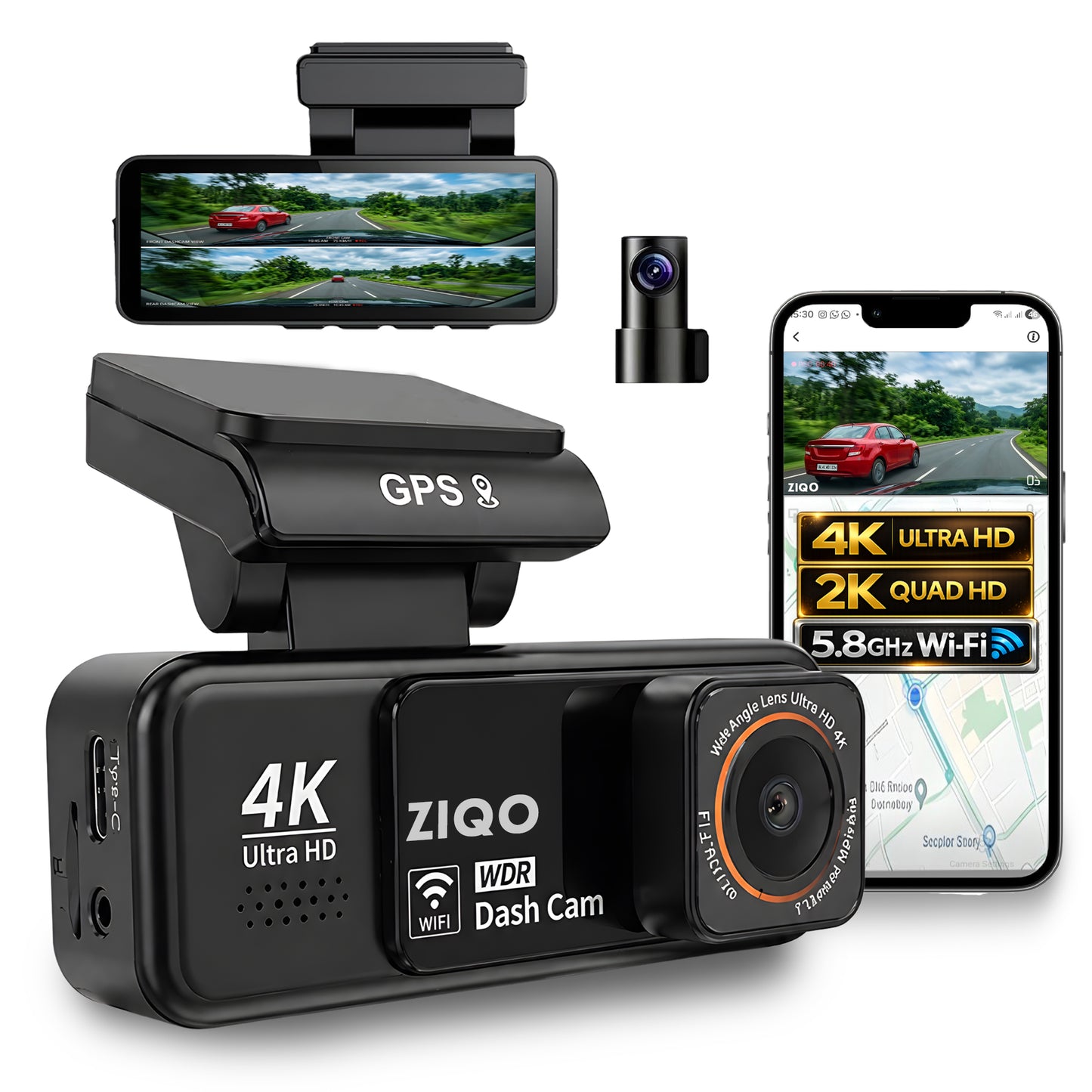 ZIQO A800 Premium Dual 4K Dashcam | Front 4K + Rear 2K with GPS & Dual Band Wi-Fi