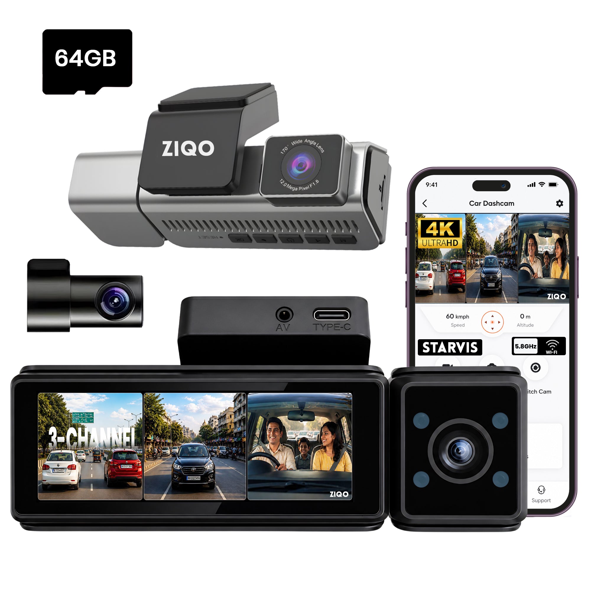ZIQO T300 3-Channel 4K+2K+2K Starvis Dash Cam