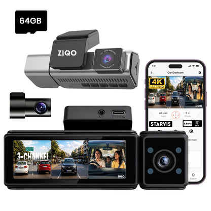 ZIQO T300 3 Channel Dashcam | 4K Front + 2K Rear + 2K Cabin with Sony STARVIS & GPS