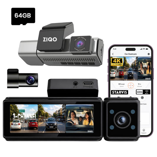 ZIQO T300 3 Channel Dashcam | 4K Front + 2K Rear + 2K Cabin with Sony STARVIS & GPS