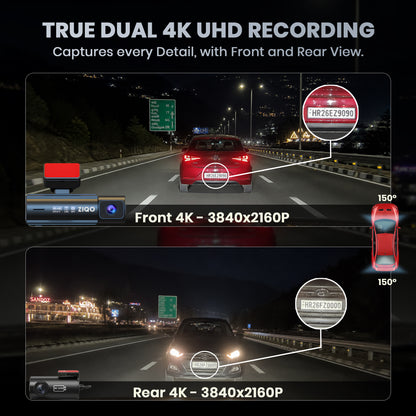 ZIQO Z400 Premium Dual 4K Dashcam | True 4K Front + 4K Rear with GPS & Wi-Fi
