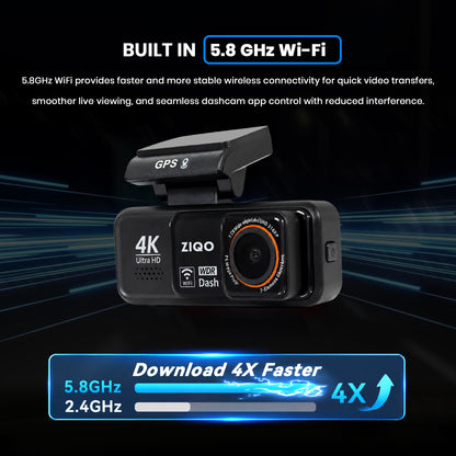 ZIQO A800 Premium Dual 4K Dashcam | Front 4K + Rear 2K with GPS & Dual Band Wi-Fi