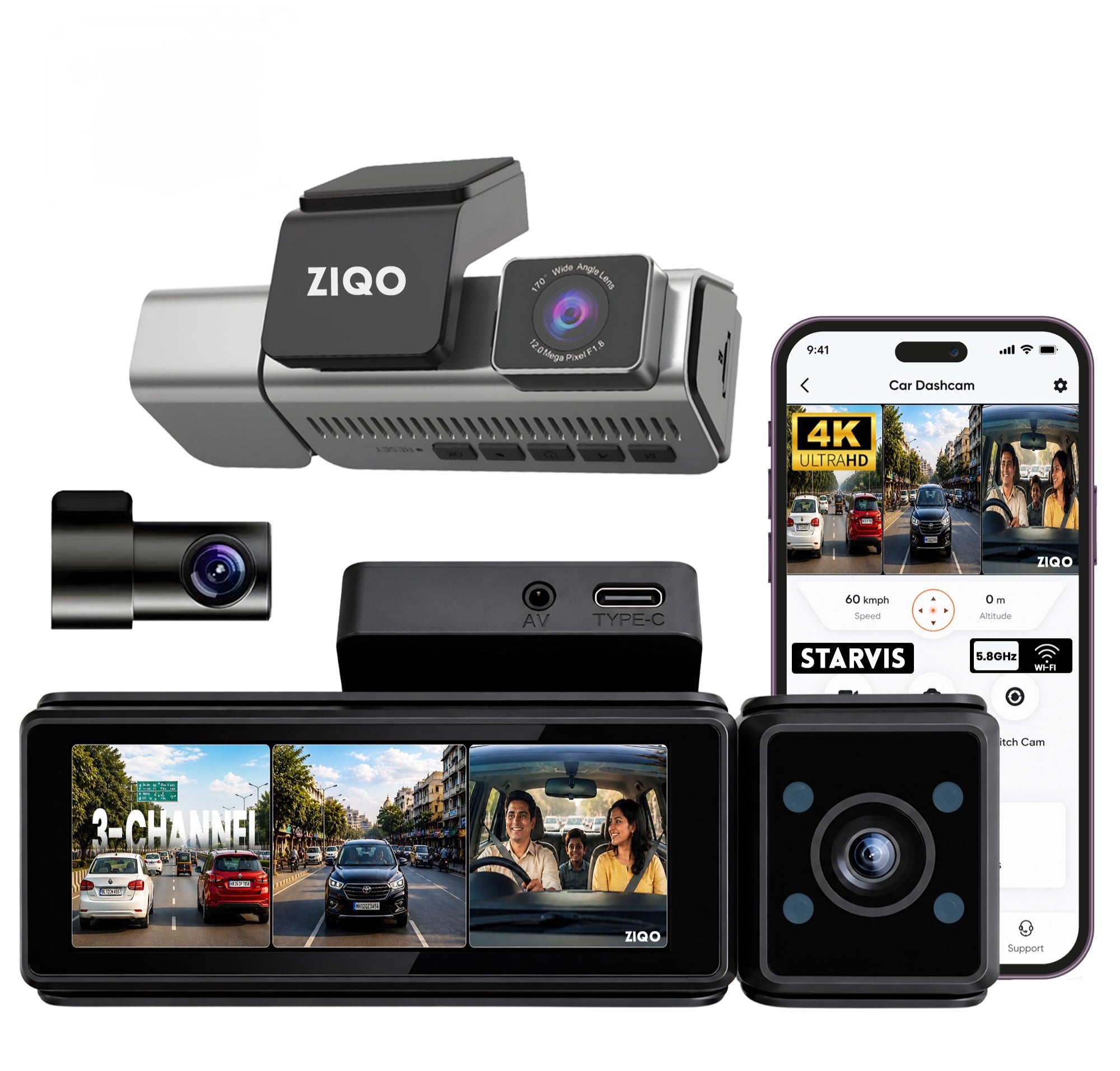 ZIQO T300 3-Channel 4K+2K+2K Starvis Dash Cam